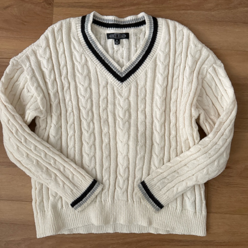 Cream Cable V-Neck Sweater with Black Trim